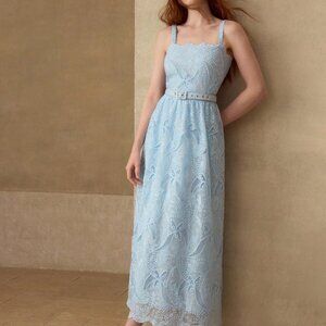Blue Elegant Women's Romantic Embroidered Fabric Spaghetti Strap Dress